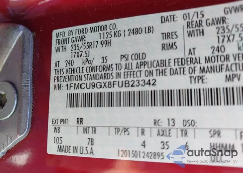 2015 Ford Escape Se из США, поврежденный, VIN 1FMCU9GX8FUB23342